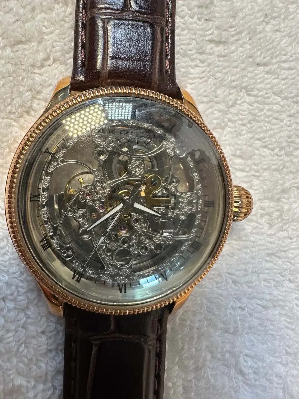 Akribos XXIV AK455RG Rose Gold Skeleton Automatic Leather Men's Watch